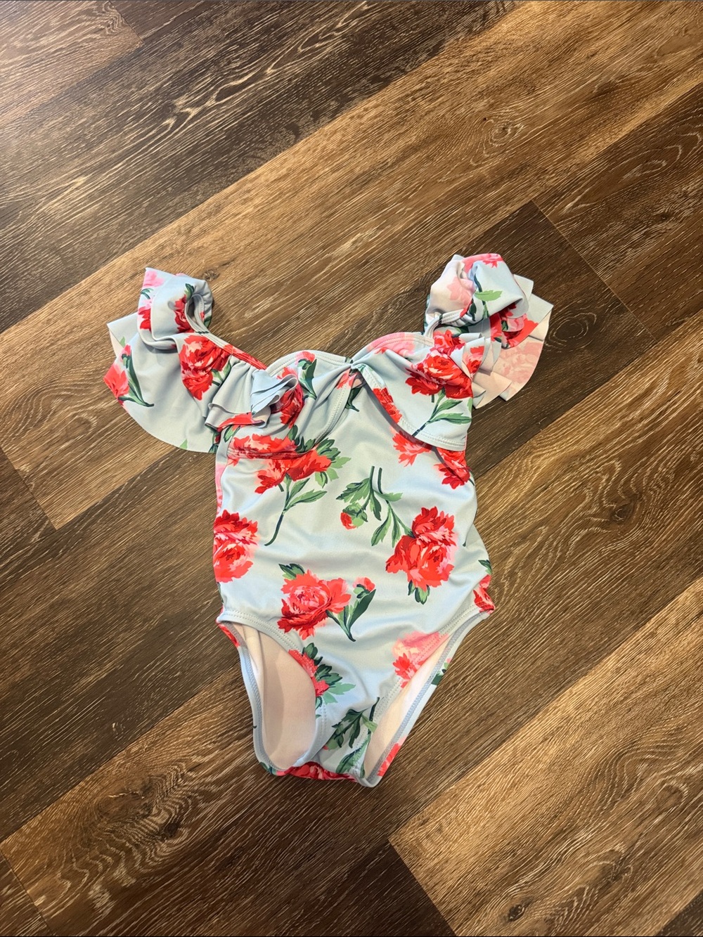 Janie and Jack Floral Ruffle One-Piece Swimsuit - Light Blue with Red Roses